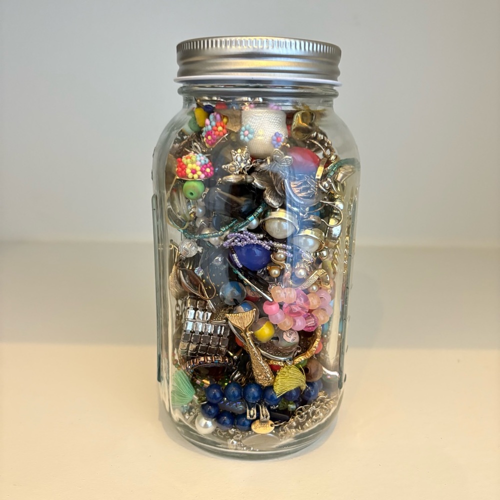 Mystery Jewelry Craft Lot in Glass Mason Jar Assorted Pieces DIY Crafting